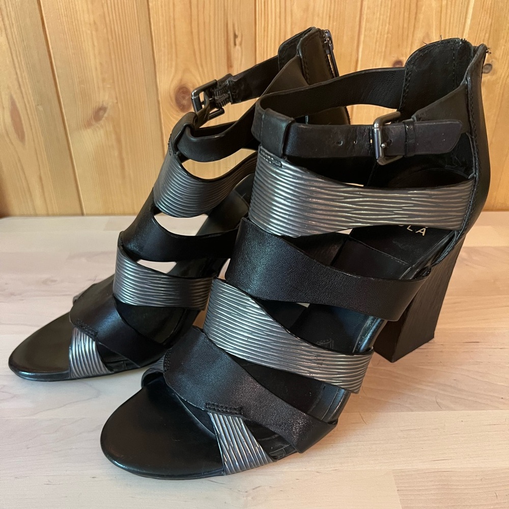 Isola Carlota Black and Silver Strappy Heeled Sandals - size 10
